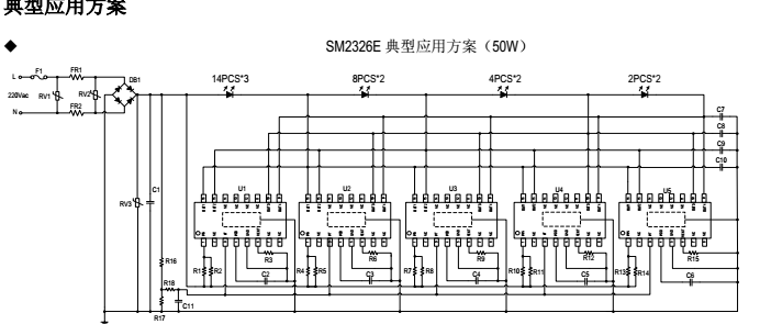 大功率投光燈5段線性高效率低THD優化電路SM2326E(圖5) SM2326E典型應用方案50w