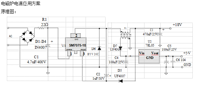 替換亞成微ic驅動電源管理芯片SM7075P升級版電路方案(圖3) SM7075電磁爐典型應用電路圖
