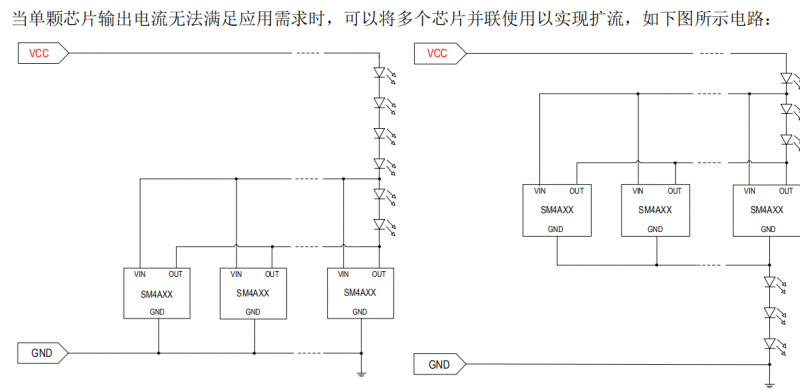 CYT升級版低壓線性恒流燈帶方案SM4AXXT系列高光效流明度(圖4) SM4AXXd低壓燈帶恒流芯片并聯應用圖